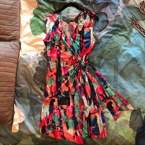 Multi color faux wrap dress. BCBG